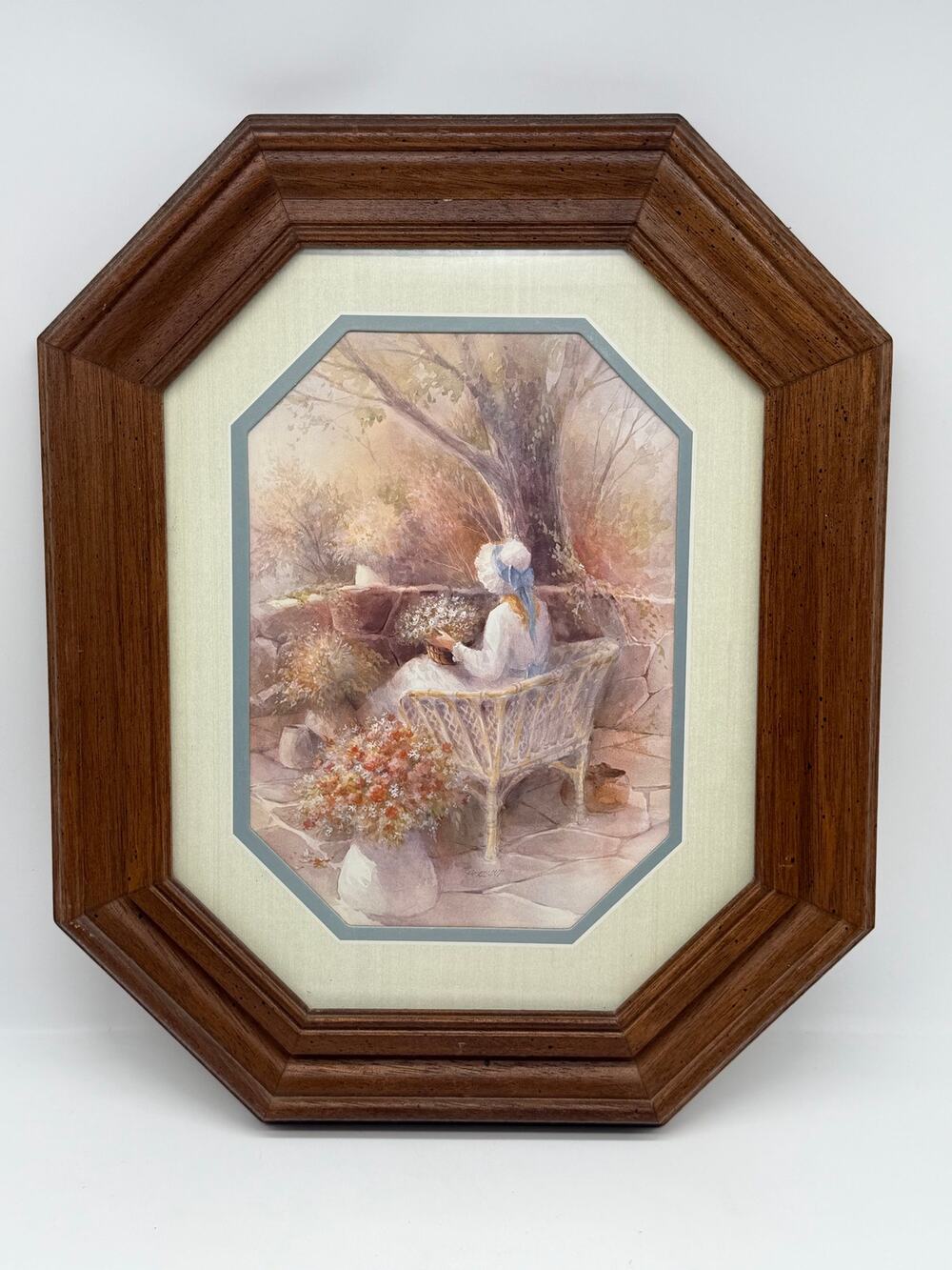 Vintage Framed Octagonal Watercolor ArtPrint Woman in Garden-16"x13" Cottagecore